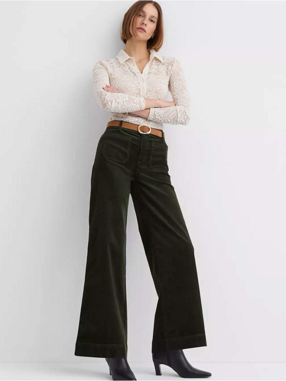 LOFT Palmer Wide Leg Corduroy Pants in Olive Green